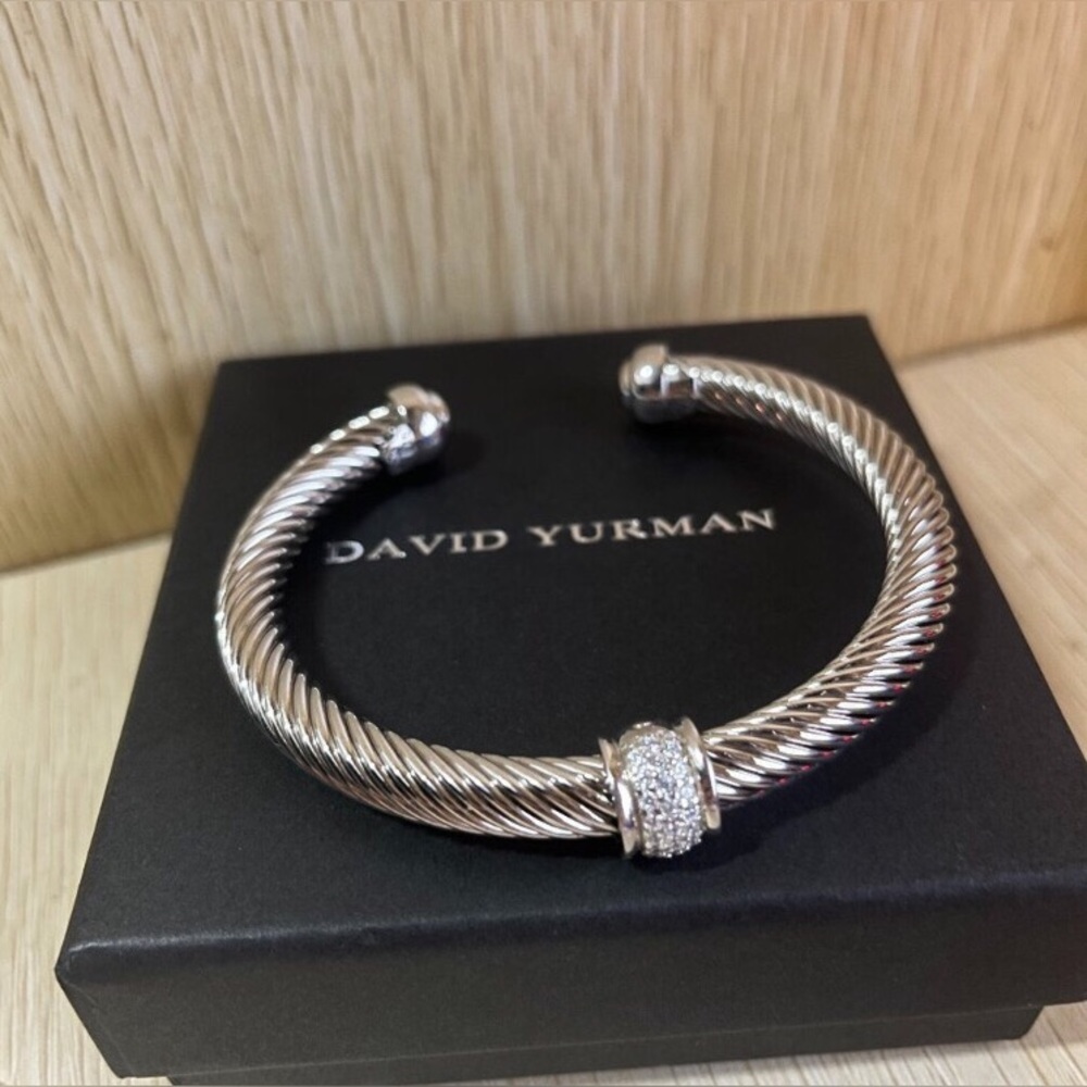 David Yurman Sterling Silver Cable Cuff with Pave Diamond Rondelle 7mm